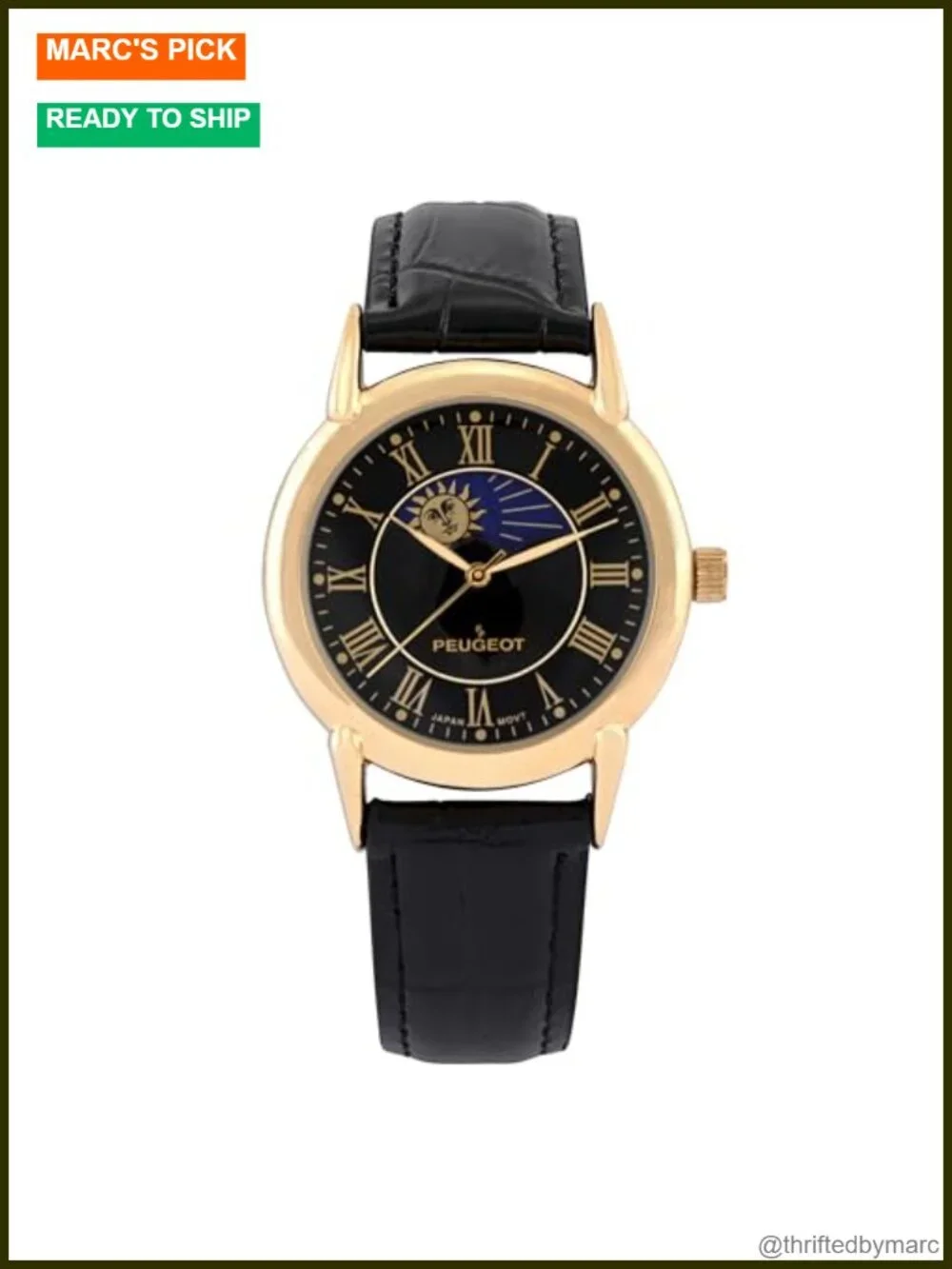 14K Gold Plated Moon Phase Leather Dress Watch